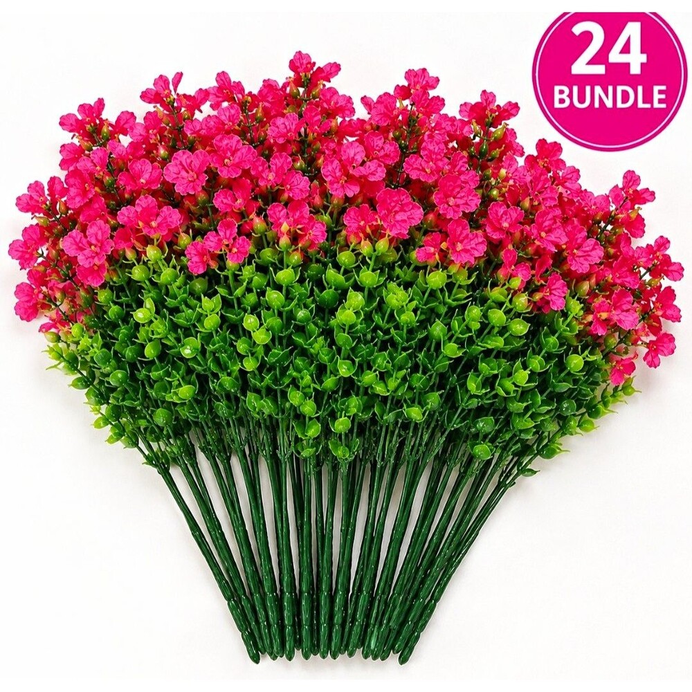 24 Bundle Artificial Baby's Breath Flowers Pink Green Plastic Stems